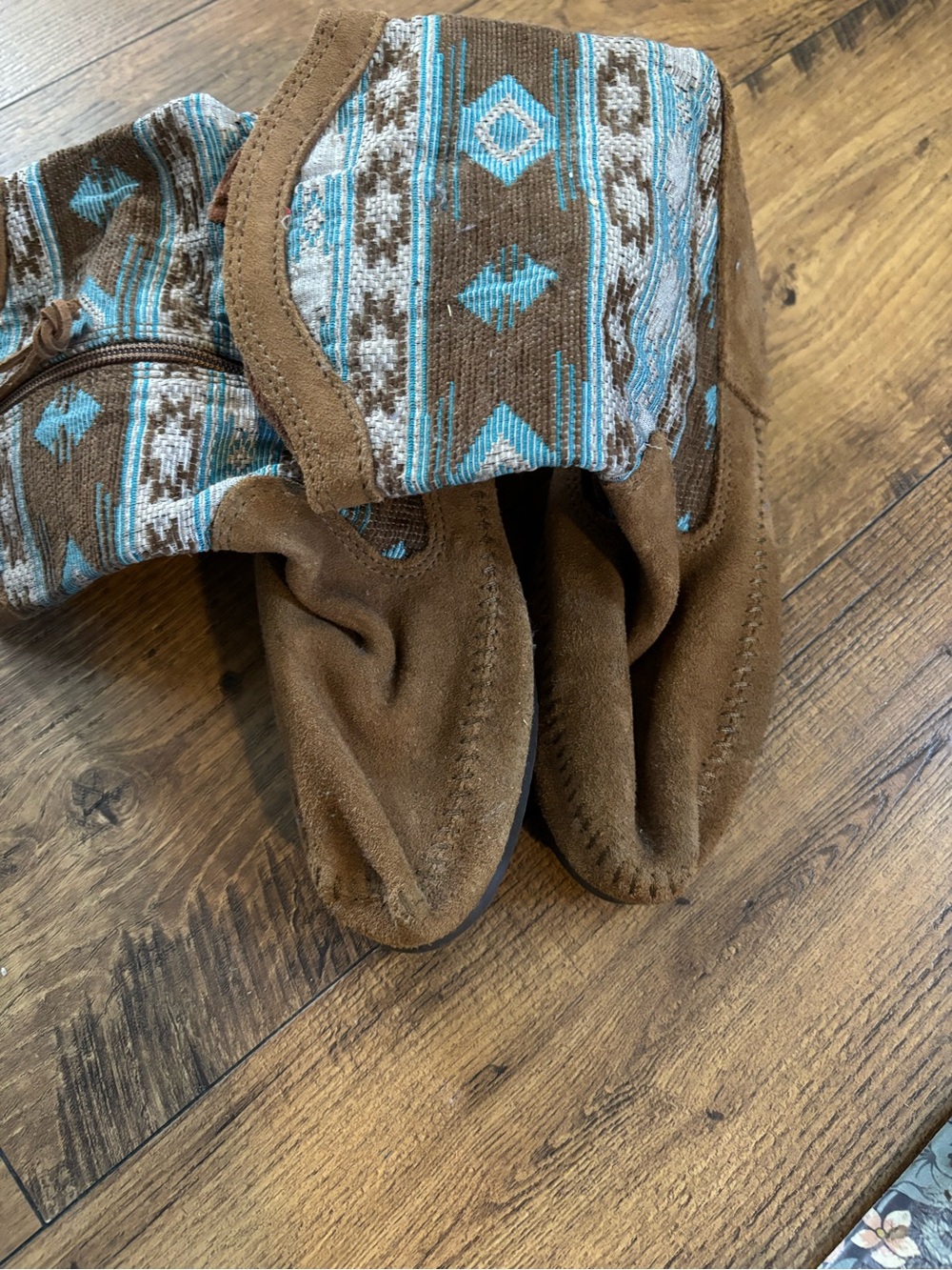 Minnetonka Brown Suede Moccasins with Turquoise Southwestern Weave